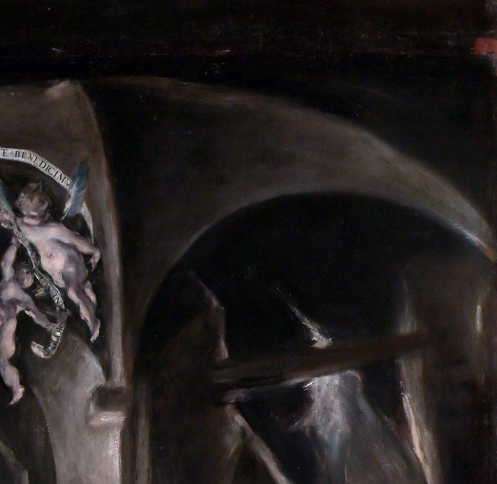Heaven literally descends: El Greco's celestial figures dissolve upward into warm golden light, suggesting the boundary between realms is dissolving at this exact moment