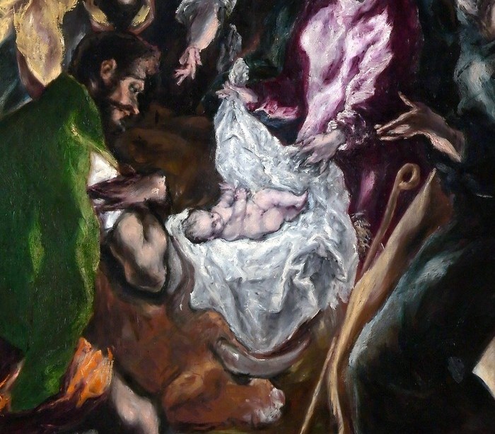 El Greco's mannerist hands , improbably long, elegantly splayed , become the painting's devotional grammar, each gesture a different mode of prayer