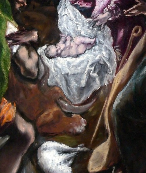 El Greco places the light source inside the scene , the infant's body emits a warm glow that physically illuminates every surrounding face, making theology visible as optics