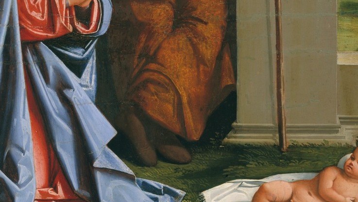 The exposed, vulnerable infant on a bare cloth signals the Incarnation; his nakedness is deliberately incidental and theologically charged, not prurient.