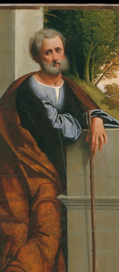 The classical column may allude to the fall of pagan antiquity before the new faith; its sharp vertical slices the warm family group from the arriving shepherds.