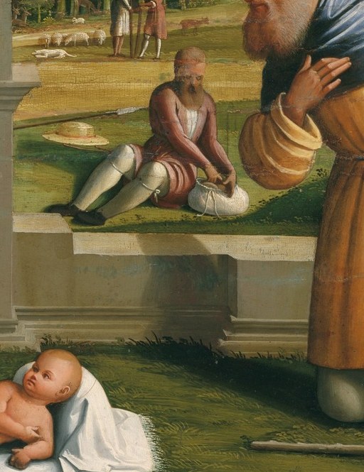His bent posture and raised clasped hands mirror the Virgin's gesture, connecting common humanity to the divine scene through parallel reverence.
