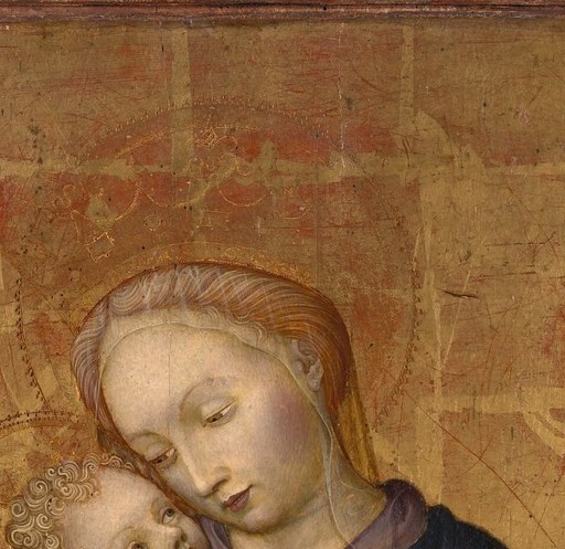 Serene downward gaze toward the Child; the delicate blue-on-gold contrast and three-quarter turn give unexpected psychological presence for a Ligurian panel of this early date.