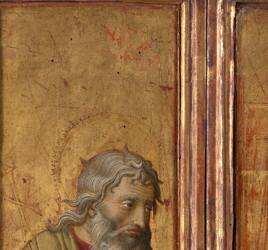 Long white beard and weathered features signal apostolic gravity; the slight three-quarter turn introduces individualized portraiture unusual for a devotional panel this early.