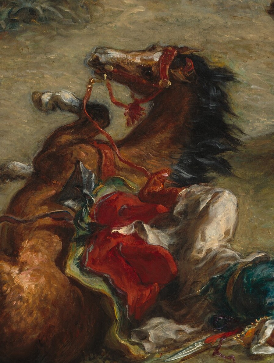 The action centers on a rearing horse and fallen rider.