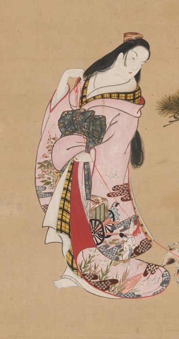 Her elaborate kimono hints at her status and the courtly world.