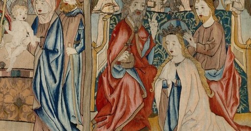 Mary laid out horizontally mirrors the birth-bed of the leftmost scene, creating a visual and theological rhyme: the cycle that opens with a birth closes with a death-sleep.