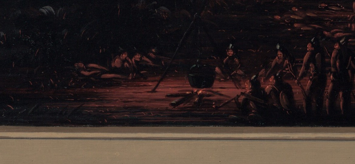 The warm fire provides a focal point, illuminating the figures.