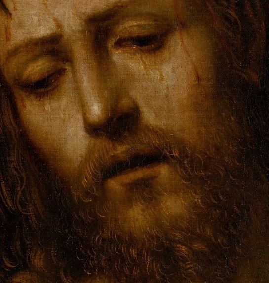 Jesus's face is bowed, conveying deep resignation and pain.