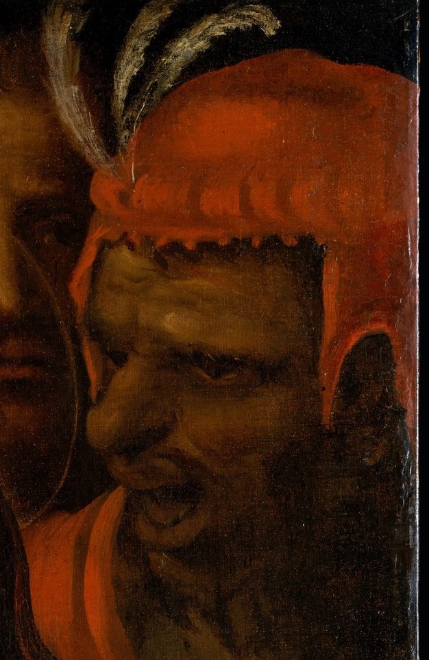 His red attire and shadowed face add a dramatic, possibly menacing, presence to the composition.