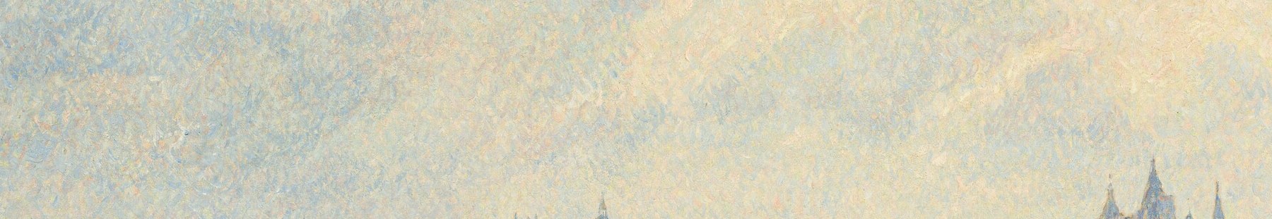 The lattice ironwork of the bridge cuts a hard horizontal across the hazy scene , the one firm edge in an otherwise dissolving cityscape, anchoring every other element.