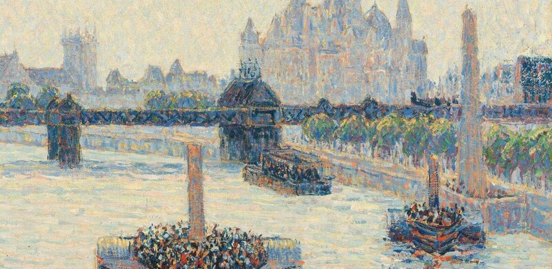 The heaviest, most opaque form in the painting; its industrial weight contrasts with the shimmering water around it and grounds the working-Thames narrative.