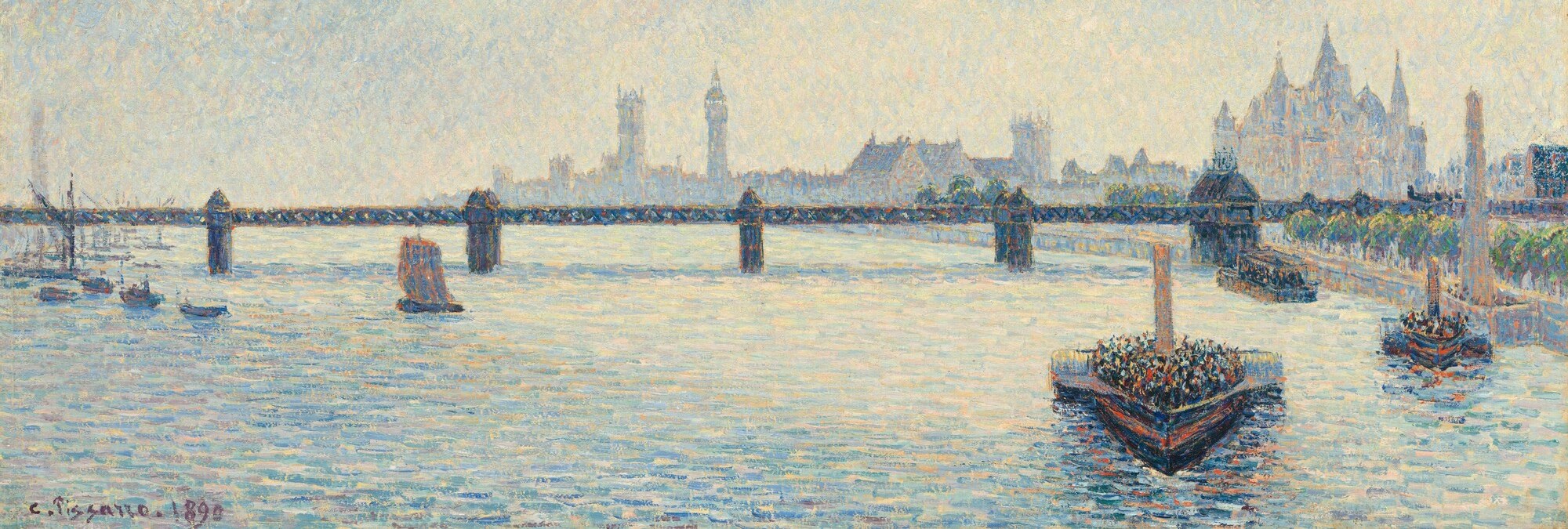 The water is the widest field of Pissarro's hybrid Neo-Impressionist touch , broken dabs of blue, green, and cream that make the river feel alive and in motion.