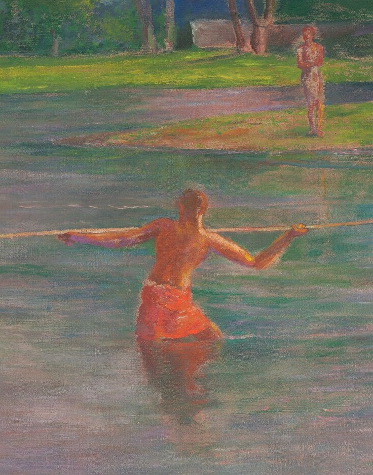 The vibrant orange garment anchors the lone fisherman.
