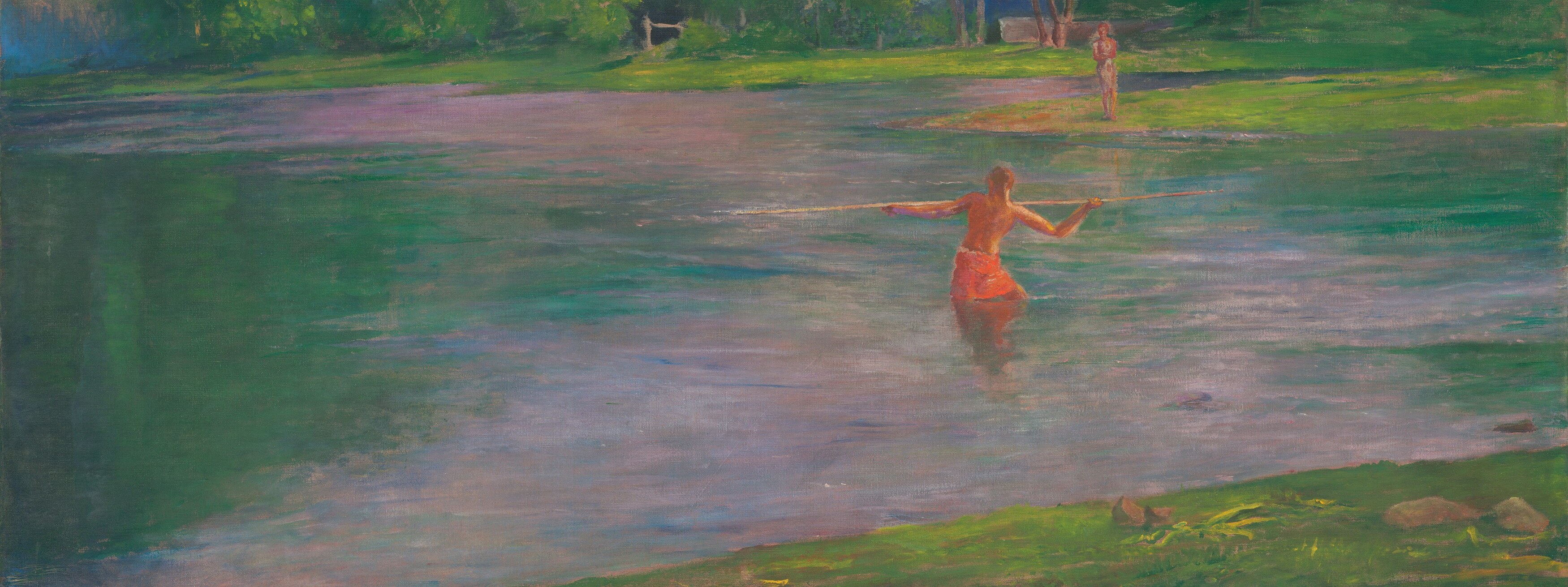The river's glassy plane reflects sky and tree colors, giving the painting its luminosity , La Farge's plein-air observation of tropical water light at its clearest.