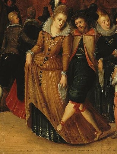 Look at the central dancer's shimmering gown, a symbol of wealth.