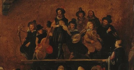 The musicians play from a balcony, setting the festive mood.