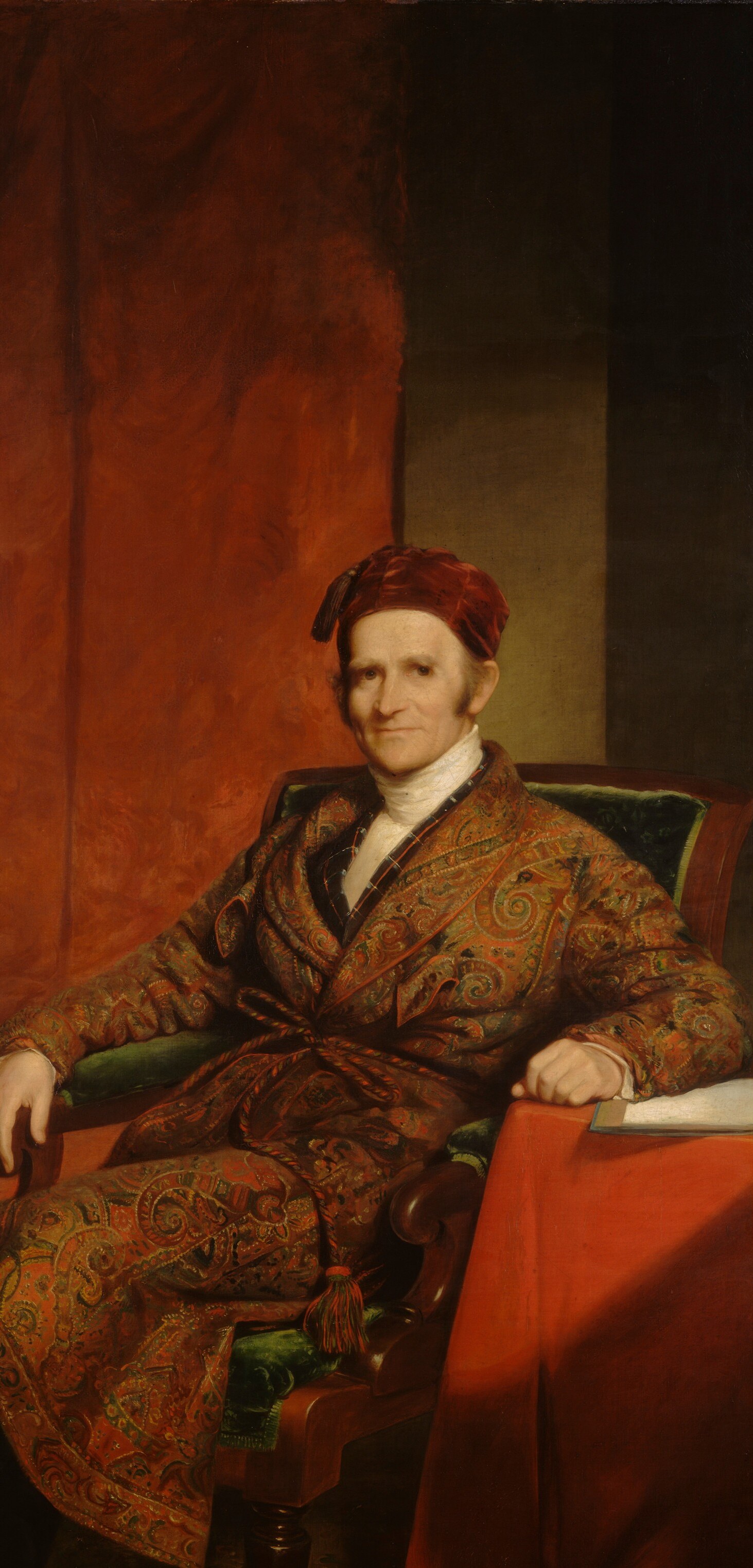 The curtain is not mere backdrop , its deep crimson saturates roughly 40 percent of the canvas, making wealth itself the atmosphere; subtle tonal variation shows the weight of heavy fabric.