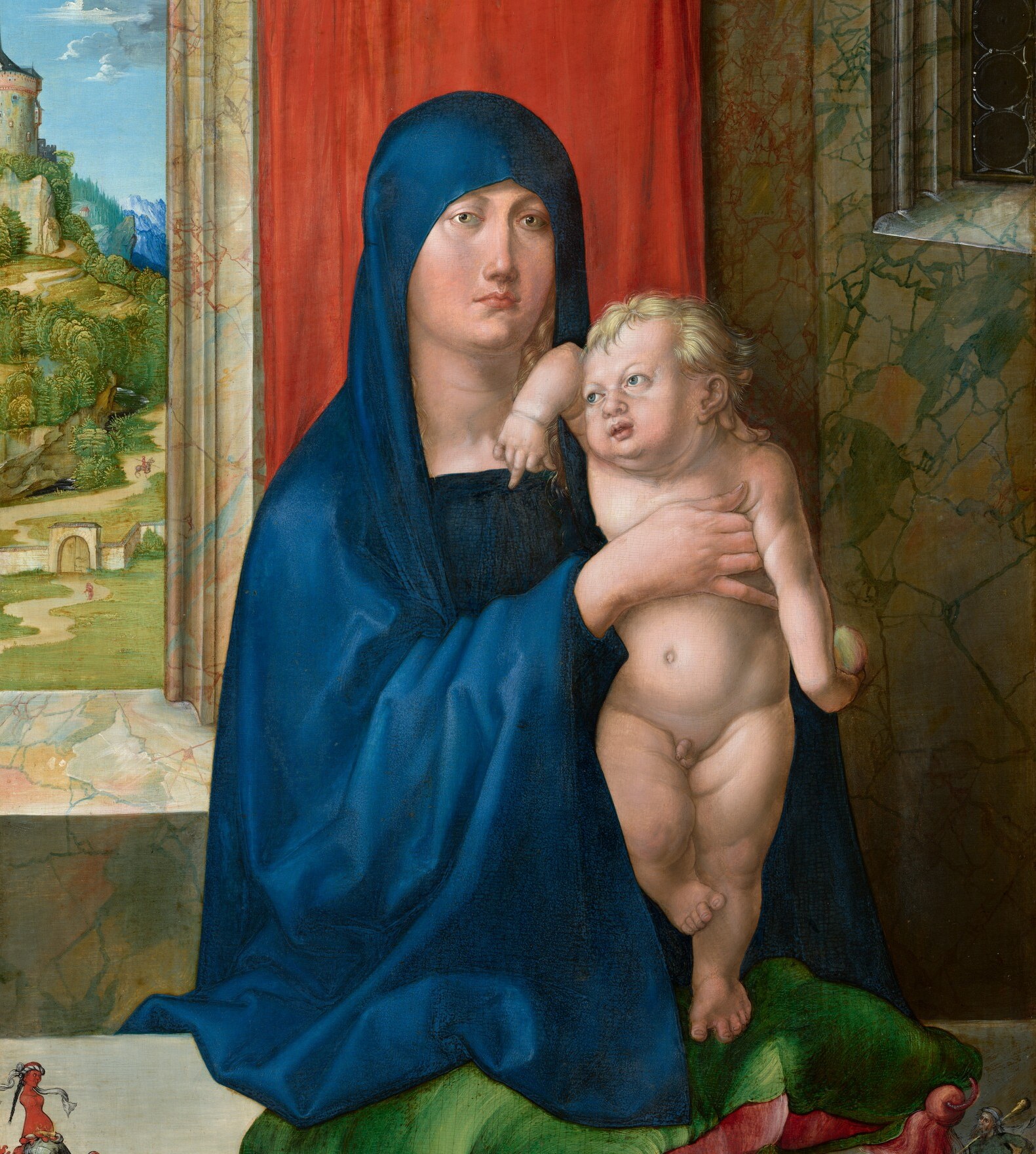 The saturated ultramarine , likely lapis lazuli , cascades across the panel; its virtuoso handling demonstrates Dürer's mastery of oil glazing technique learned from Netherlandish masters
