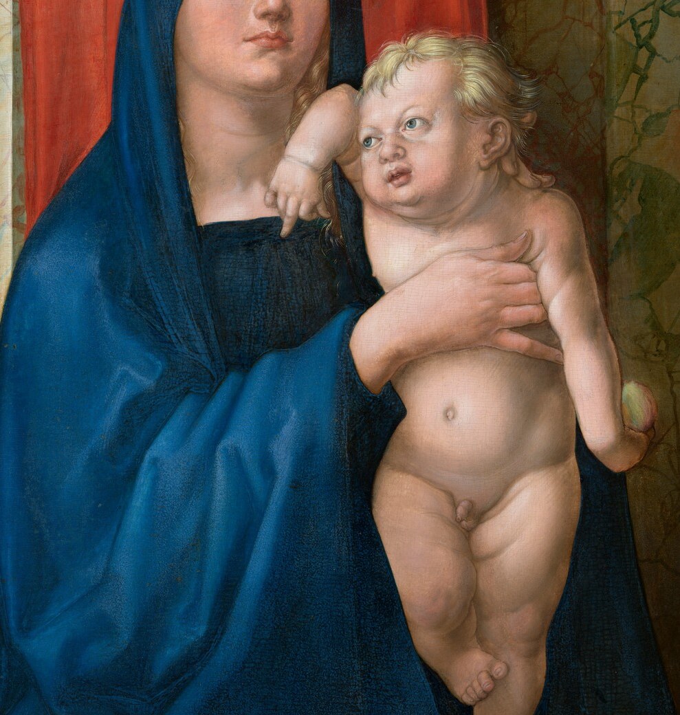 The nude infant is the compositional and theological center; his chubby naturalism reflects Dürer's Italian Renaissance influence