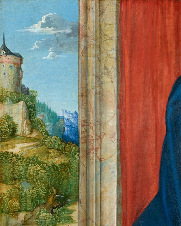 A classic devotional backdrop device, here cut to reveal a landscape window , the contrast of warm interior versus cool exterior is a deliberate spatial illusion