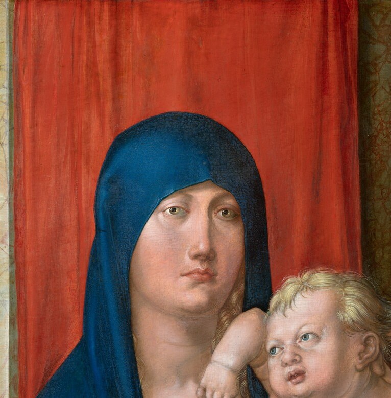 Dürer's signature psychological interiority , her eyes angle away from the child, suggesting sorrowful foreknowledge rather than maternal warmth