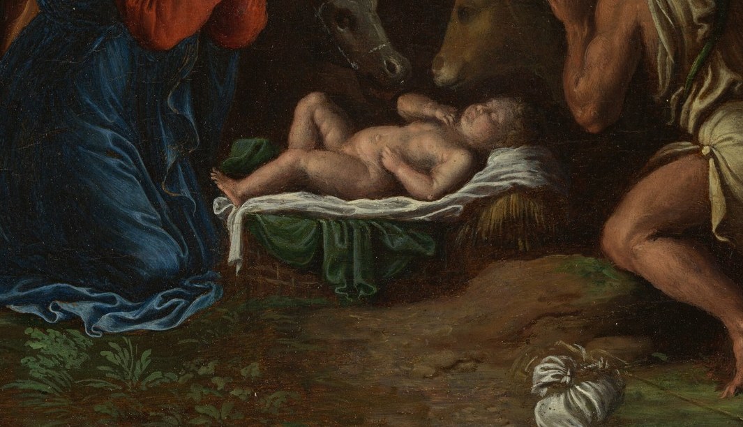 The optical and narrative anchor of the entire composition; divine light appears to radiate from or converge on this figure, making every other element subsidiary to its glow.