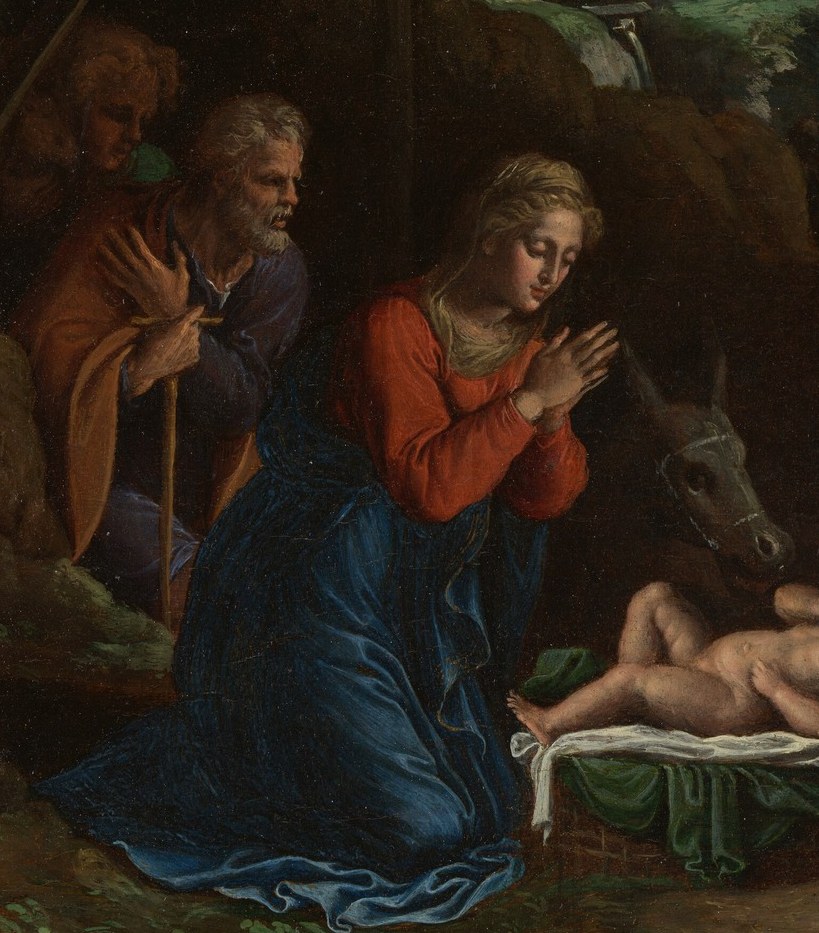 The canonical Marian palette , red for humanity, blue for divinity , glows against the near-total darkness, functioning as a theological colour-code legible to any 16th-century viewer.