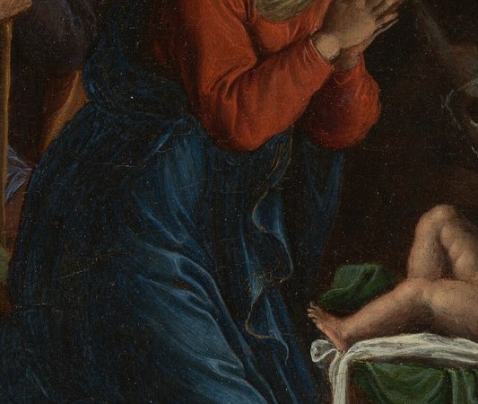The prayerful clasp simultaneously frames the Christ Child and signals reverence; a slow camera push here carries the devotional meaning of the whole painting in a single gesture.