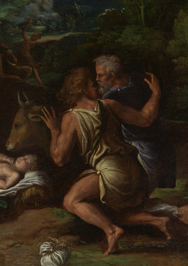 His rough garment and pronounced forward lean contrast with Mary's formal posture; his body language is wonder rather than worship , the difference between discovery and recognition.