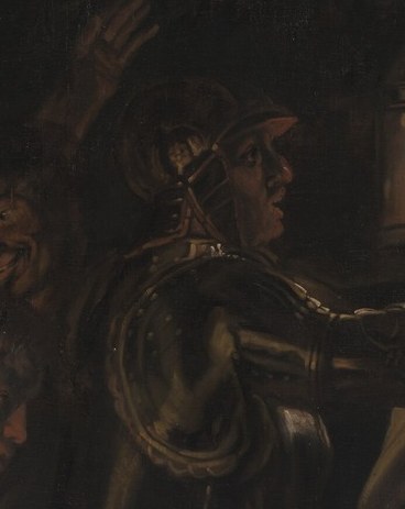 The soldier's helmet suggests authority.