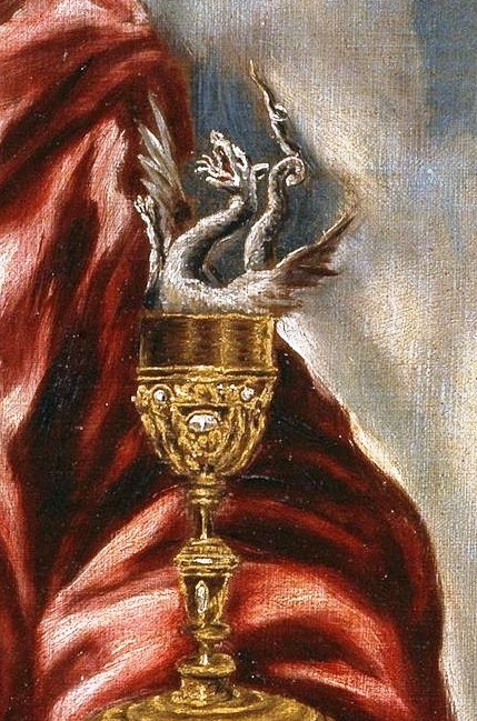 He holds a golden chalice with a small bird, his symbol.