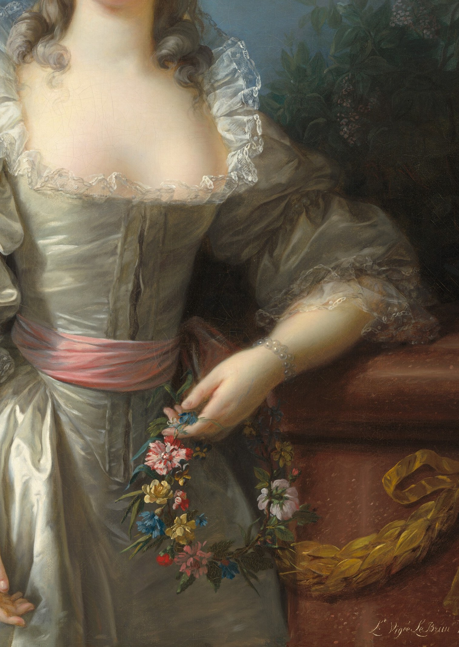 The lustrous fabric and intricate lace trim highlight the artist's skill in rendering textures and luxurious materials.