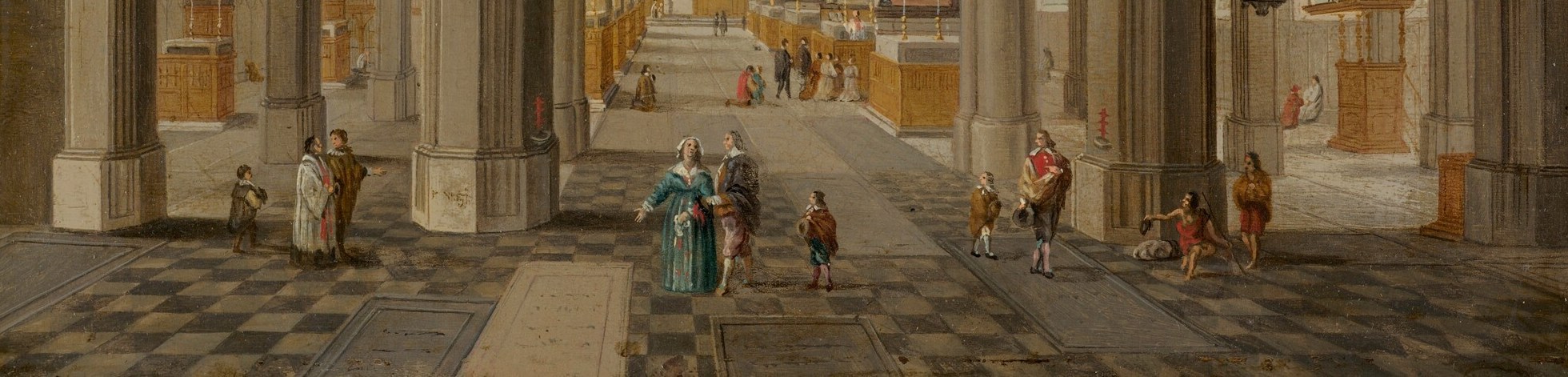 The geometric pavement doubles as a perspective device, its receding diagonals dramatizing depth and giving the scale of the space a measurable human dimension.