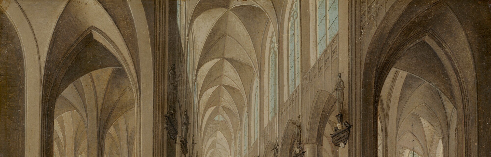 The soaring ribbed ceiling recedes in perfect single-point perspective, making the space feel vertiginously tall; on copper Neeffs could lay in each rib with a precision impossible on canvas.
