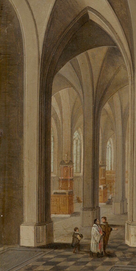 The rhythmic alternation of light and shadow on each shaft pulls the eye toward the altar and shows Neeffs's ability to suggest stone weight through paint.