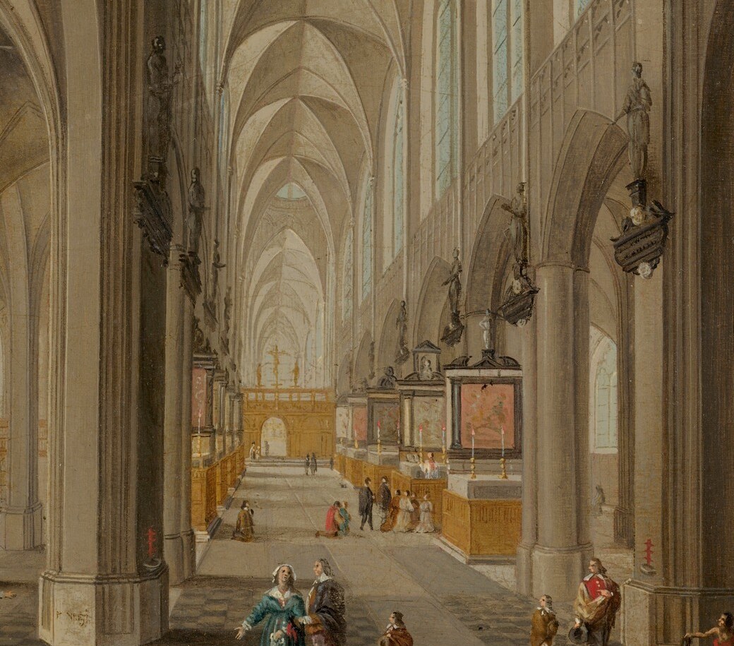 The spine of the entire composition; its mathematical precision is the technical showpiece, demonstrating how Neeffs constructed his church interiors with surveyor-like rigor.