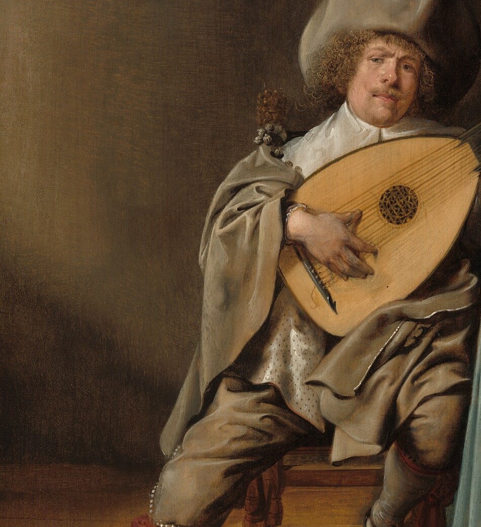 The dominant object and the painting's title subject; its ribbed wooden back and radiating strings are rendered illusionistically , the lute is both prop and identity statement.