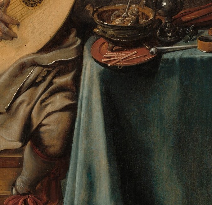 A tour-de-force textile passage , the luminous teal folds demonstrate Molenaer's range beyond portraiture and hold the composition's richest color.