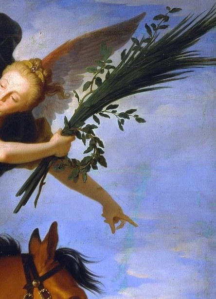 An angel crowns his victory with a palm branch.