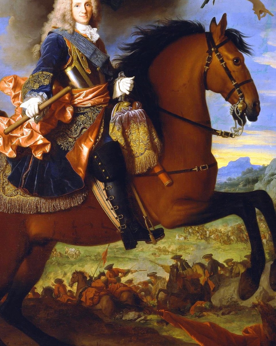 The horse's muscular build and alert posture symbolize the king's strength and readiness for action.