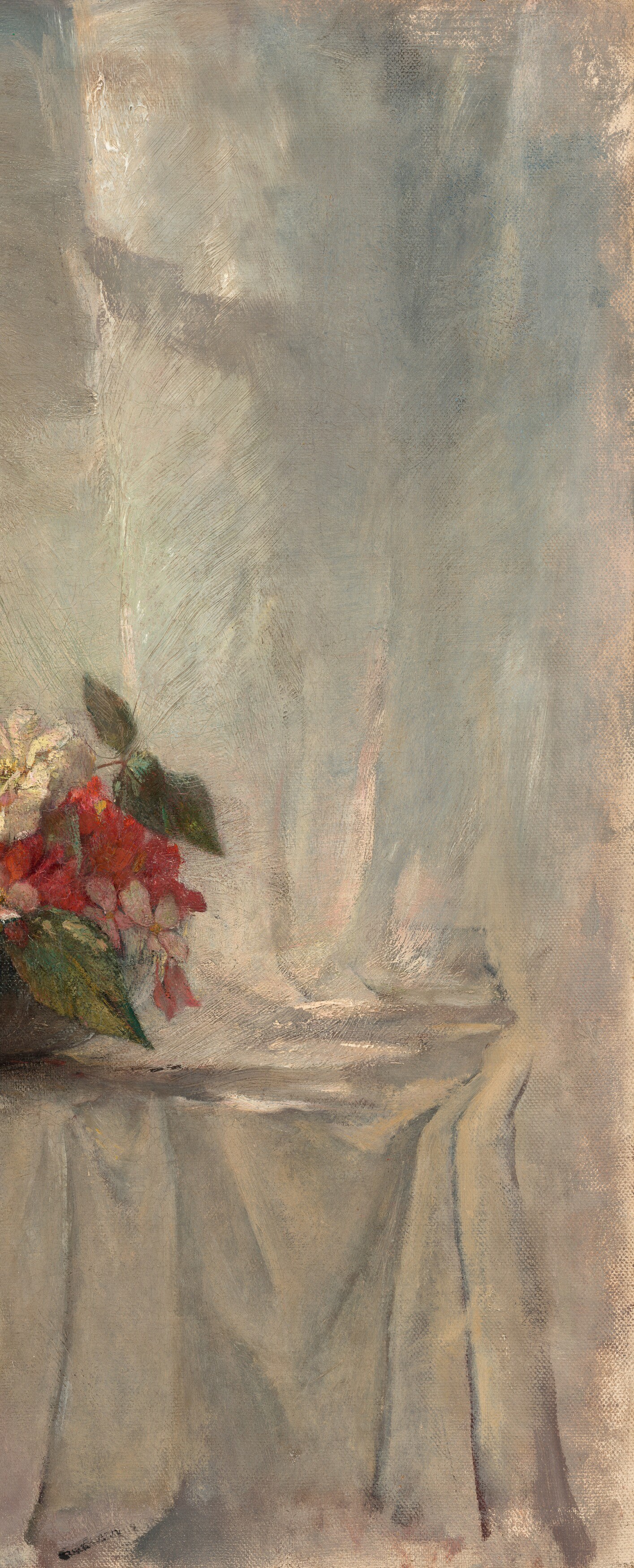 The sheer curtain suggests the veil between life and death.