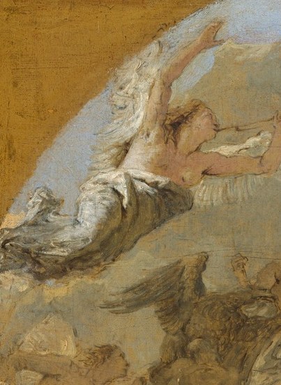 An angel with a trumpet announces her rise.