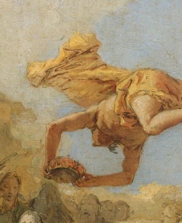 His dynamic pose and golden attire convey a sense of heroic movement and divine favor.