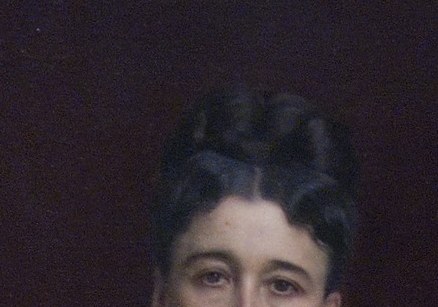 The eyes engage the viewer with unusual directness for a woman's formal portrait of this era; they carry the tension between sitter's real authority and her social role as a philanthropist presented for posterity.