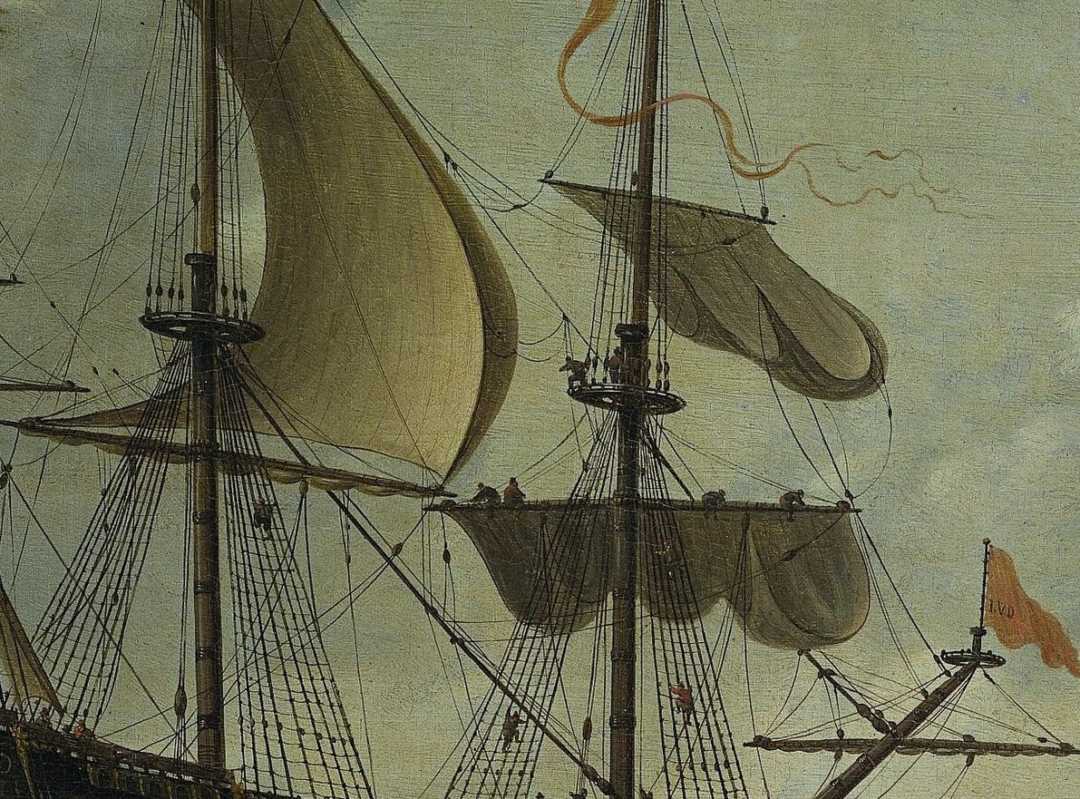 The billowing sails suggest wind and movement, adding dynamism to the scene.