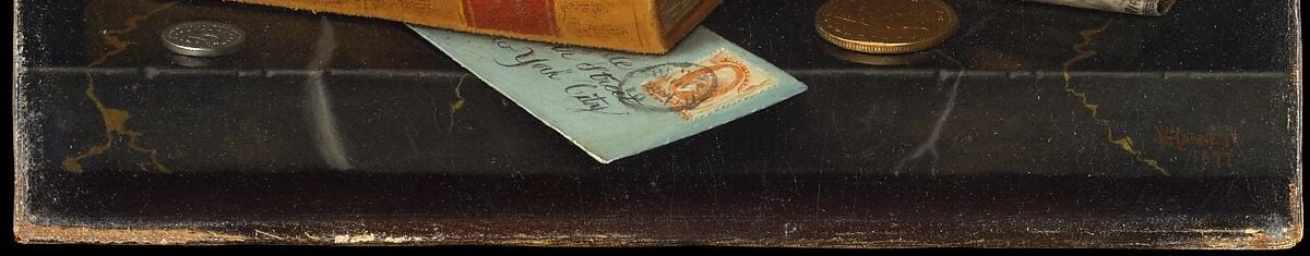 Harnett's near-black tabletops are trompe-l'oeil set-pieces , the shallow reflections of objects below the surface reward close scrutiny and prove the painter's command of illusionistic depth.
