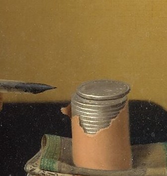 The warm coral tone is the most visually distinctive color note in the painting; the tin's smooth surface demonstrates Harnett's ability to differentiate materials , metal vs. leather vs. paper.