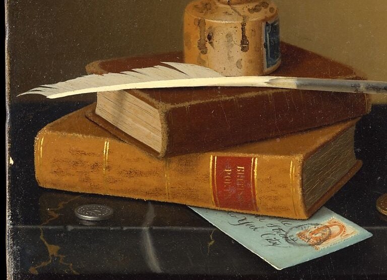 The visual anchor of the composition , thick commercial ledgers convey the weight and authority of financial record-keeping; their worn spines signal use over time.