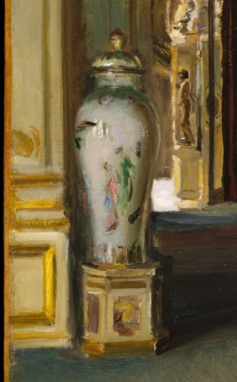 Two large vases anchor the space.